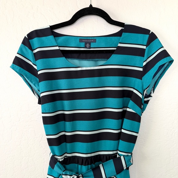 Tommy Hilfiger Teal Black Striped Midi Dress Size Medium Business Casual Preppy - Picture 3 of 12